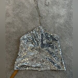 Reformation Tula Ibiza Collection Silver Sequin Halter Top